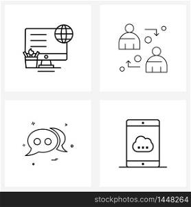 4 Universal Line Icon Pixel Perfect Symbols of monitor, sms, internet, messages, cloud Vector Illustration