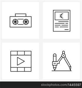 4 Universal Line Icon Pixel Perfect Symbols of radio, film, beach, cash machine, video Vector Illustration