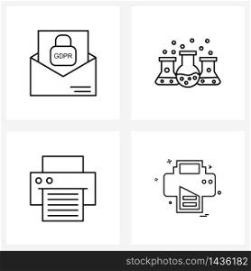 4 Universal Line Icon Pixel Perfect Symbols of secure message; printer; beaker; lab; computer Vector Illustration
