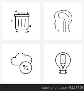 4 Universal Line Icon Pixel Perfect Symbols of trash, cloud, bin, human brain, weather Vector Illustration