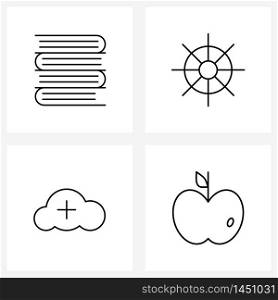 4 Universal Line Icons for Web and Mobile books, apple, steering wheel, cloud, fruit Vector Illustration