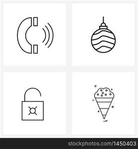 4 Universal Line Icons for Web and Mobile call, unlock, ball, Christmas decoration, cone Vector Illustration