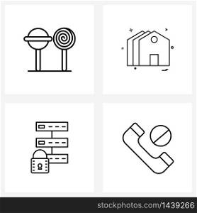 4 Universal Line Icons for Web and Mobile candy, security, eat, house, protection Vector Illustration