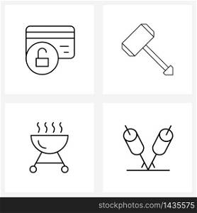 4 Universal Line Icons for Web and Mobile card; portable; unlock; pound; travel Vector Illustration