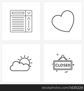 4 Universal Line Icons for Web and Mobile control, weather, scroll, romance, closed Vector Illustration
