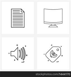 4 Universal Line Icons for Web and Mobile document, speaker, file format, flexible monitor, sound Vector Illustration