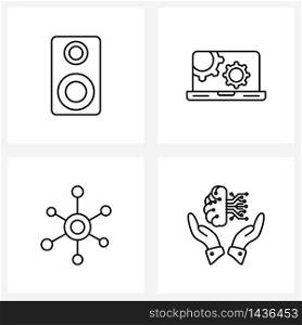 4 Universal Line Icons for Web and Mobile loud, science, woofer, laptop, hands Vector Illustration