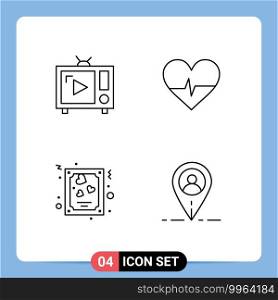 4 Universal Line Signs Symbols of antenna tv, heart, tv set, heart, valentines Editable Vector Design Elements