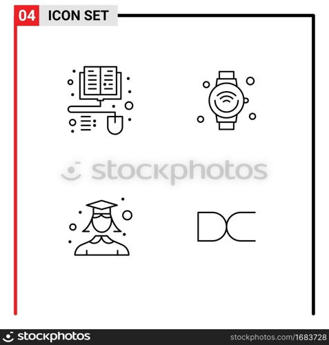 4 Universal Line Signs Symbols of books, graduation, smart watch, iot, woman Editable Vector Design Elements