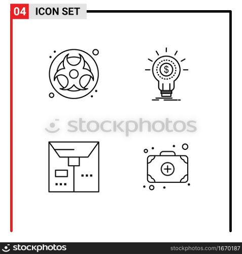 4 Universal Line Signs Symbols of gas, commerce, waste, idea, package Editable Vector Design Elements