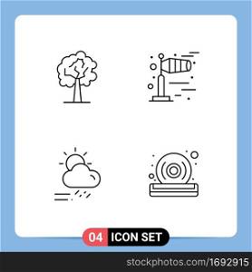 4 Universal Line Signs Symbols of tree, season, windy, cloud, disc Editable Vector Design Elements