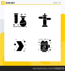 4 Universal Solid Glyph Signs Symbols of chemistry, direction, science, sign, right Editable Vector Design Elements