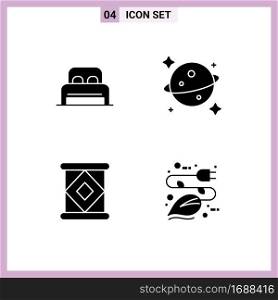 4 Universal Solid Glyphs Set for Web and Mobile Applications bed, milk, hotel, space, energy Editable Vector Design Elements