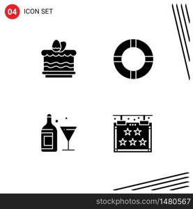 4 Universal Solid Glyphs Set for Web and Mobile Applications cack, bottle, egg, lifebuoy, five Editable Vector Design Elements