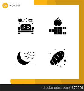 4 Universal Solid Glyphs Set for Web and Mobile Applications chair, moon, living, books, sleep Editable Vector Design Elements