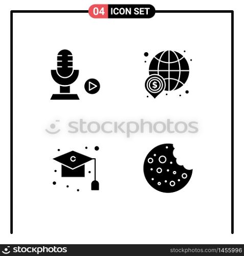 4 Universal Solid Glyphs Set for Web and Mobile Applications microphone, cap, voice, global, graduation Editable Vector Design Elements