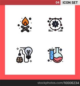4 User Interface Filledline Flat Color Pack of modern Signs and Symbols of bonfire, bulb, development, brain, back to school Editable Vector Design Elements