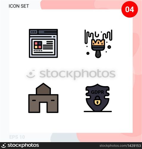4 User Interface Filledline Flat Color Pack of modern Signs and Symbols of internet, home, website, hobbies, hut Editable Vector Design Elements