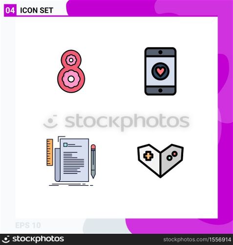4 User Interface Filledline Flat Color Pack of modern Signs and Symbols of eight, programming, mobile, code, gamepad Editable Vector Design Elements