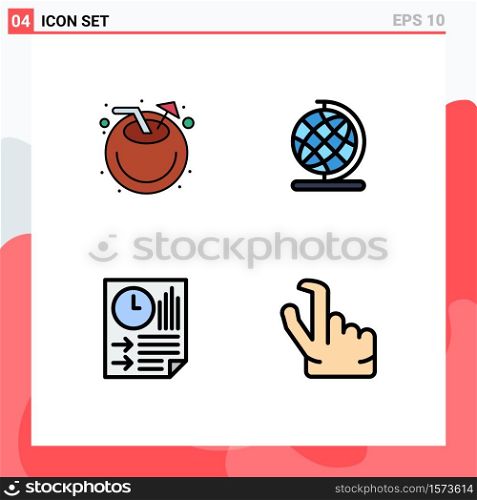 4 User Interface Filledline Flat Color Pack of modern Signs and Symbols of beach, page, juice, globe, report Editable Vector Design Elements