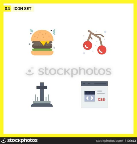 4 User Interface Flat Icon Pack of modern Signs and Symbols of burger, cross, food, cherry, code Editable Vector Design Elements