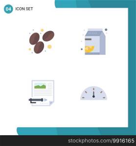 4 User Interface Flat Icon Pack of modern Signs and Symbols of bean, paper, fruit, pak, pen Editable Vector Design Elements