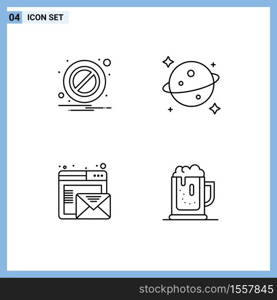 4 User Interface Line Pack of modern Signs and Symbols of block, online, planet, browser, beer Editable Vector Design Elements