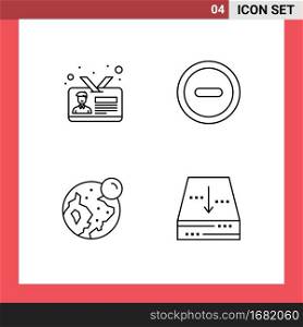 4 User Interface Line Pack of modern Signs and Symbols of business, globe, id card, minus, moon Editable Vector Design Elements