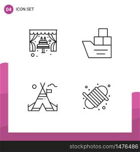 4 User Interface Line Pack of modern Signs and Symbols of cake, tent free, wedding, logistic, camp Editable Vector Design Elements