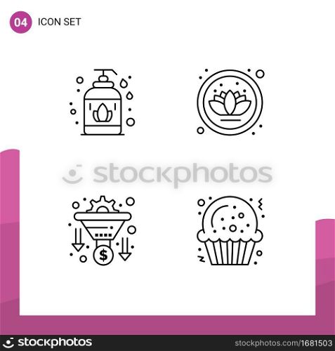 4 User Interface Line Pack of modern Signs and Symbols of liquid, money, lotus, conversion, cookie Editable Vector Design Elements