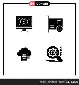 4 User Interface Solid Glyph Pack of modern Signs and Symbols of bank, pci, money, computers, reading Editable Vector Design Elements