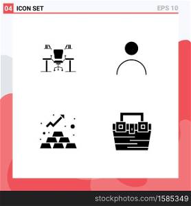 4 User Interface Solid Glyph Pack of modern Signs and Symbols of table, profile, computer, work place, finance Editable Vector Design Elements