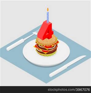 4 years birthday burger. Number four with candle. Burger anniversary celebration. Festive fast food. Happy holiday birthday&#xA;