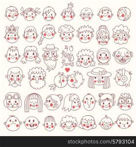 40 Funny Faces. People of all ages. Cute vector set.