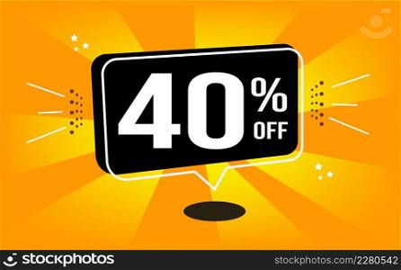 40% off. Orange banner with black balloon forty percent off purchase and sale