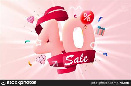 40 percent Off. Discount creative composition. 3d sale symbol with decorative objects, heart shaped balloons and gift box. Sale banner and poster. Vector illustration.. 40 percent Off. Discount creative composition. 3d sale symbol with decorative objects, heart shaped balloons and gift box. Sale banner and poster.