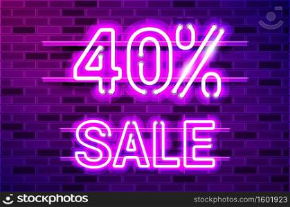 40 percent SALE glowing neon l&sign. Realistic vector illustration. Purple brick wall, violet glow, metal holders.. 40 percent SALE glowing purple neon l&sign