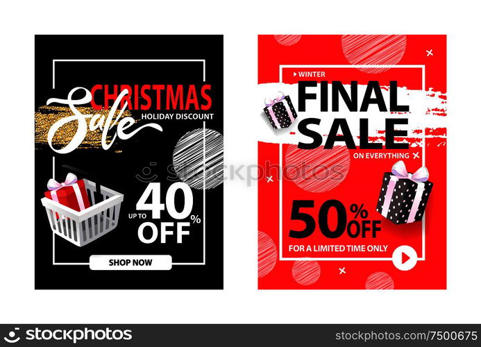 40, up to 50 percent off, final sale for all limited time only. Flyer design with half price discount, presents or gift boxes, shopping cart vector. 50 Percent Off on Everything, Final Sale for All