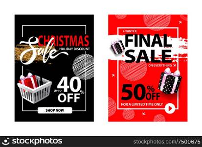 40, up to 50 percent off, final sale for all limited time only. Flyer design with half price discount, presents or gift boxes, shopping cart vector. 50 Percent Off on Everything, Final Sale for All