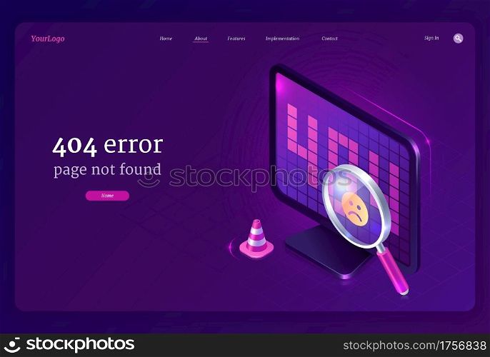 404 error page not found banner. Warning message on website about lost network connection, wrong search or trouble of site work. Vector landing page with isometric computer screen and magnifier. Vector banner with 404 error, page not found