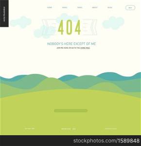 404 error web page template - landscape with green blueish hills and mountains, clear sky with clouds, green grass field, Nobodys Here Except Of Me text, sunny day - menu template. Error web page template - lanscape with mountains and hills