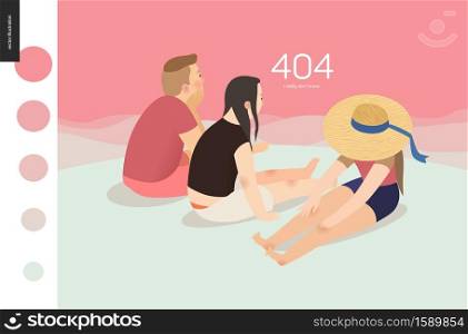 404 error web page template with family on pink background - flat cartoon vector illustration of family watching sunset , sunrise landscape, pink sky, background, girl wearing a hat. 404 error web page template - picnic