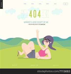 404 error web page template with waving girl on green landscape background - a girl wearing sun glasses, magents top and grey shirts waves lying down on grass with hills landscape on the background. Error web page template - waving girl on green landscape background