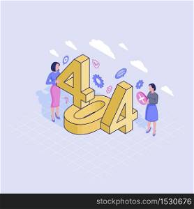404 helpline service isometric illustration. IT specialists fixing page not found problem. Contacting technical call center expert to restore server connection. Unavailable webpage, website