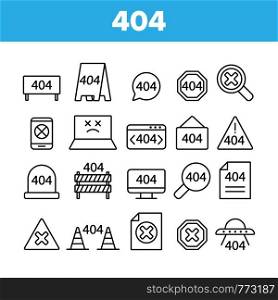 404 HTTP Error Message Vector Linear Icons Set. 404 Page Not Found Outline Symbols Pack. Internet Connection Problem, Broken Link. Standard Response Code Isolated Contour Illustrations. 404 HTTP Error Message Vector Linear Icons Set