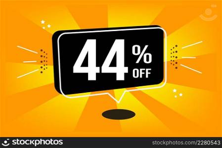 44% off. Orange banner with black balloon and forty four percent discount on purchase or sale