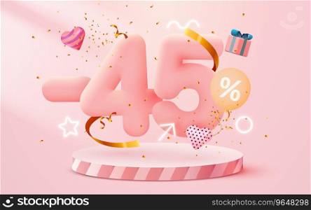 45 percent Off. Discount creative composition. 3d sale symbol with decorative objects, balloons, golden confetti, podium and gift box. Sale banner and poster. Vector illustration.. 45 percent Off. Discount creative composition. 3d sale symbol with decorative objects, balloons, golden confetti, podium and gift box. Sale banner and poster.