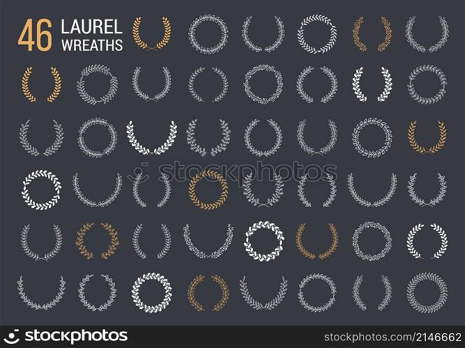 46 Hand drawn laurel wreaths on dark background, vector eps10 illustration. Laurel Wreaths