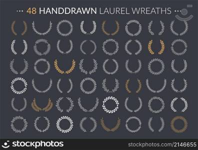 48 Hand drawn laurel wreaths on dark background, vector eps10 illustration. Laurel Wreaths