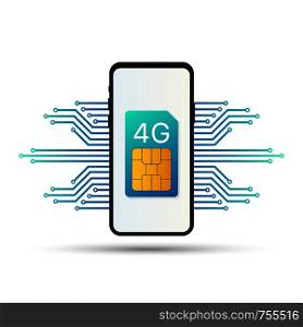 4G Sim Card. Mobile telecommunications technology symbol. Vector stock illustration.